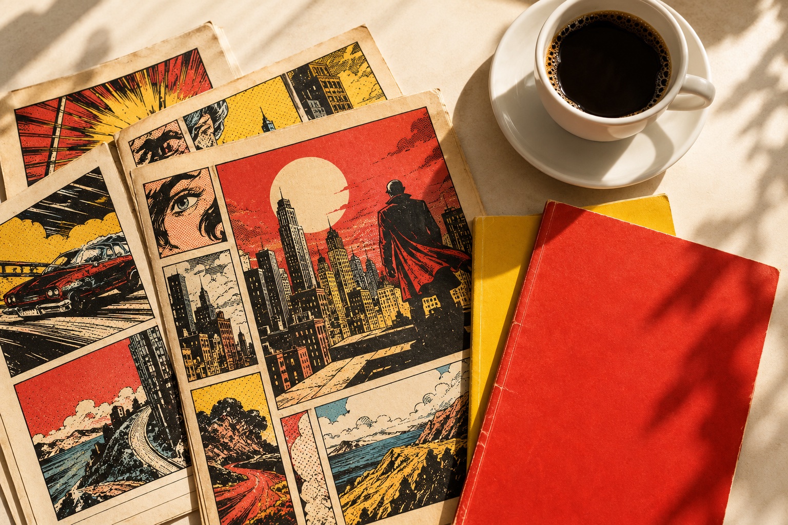Illustrative still life of comic pages and a cup of coffee